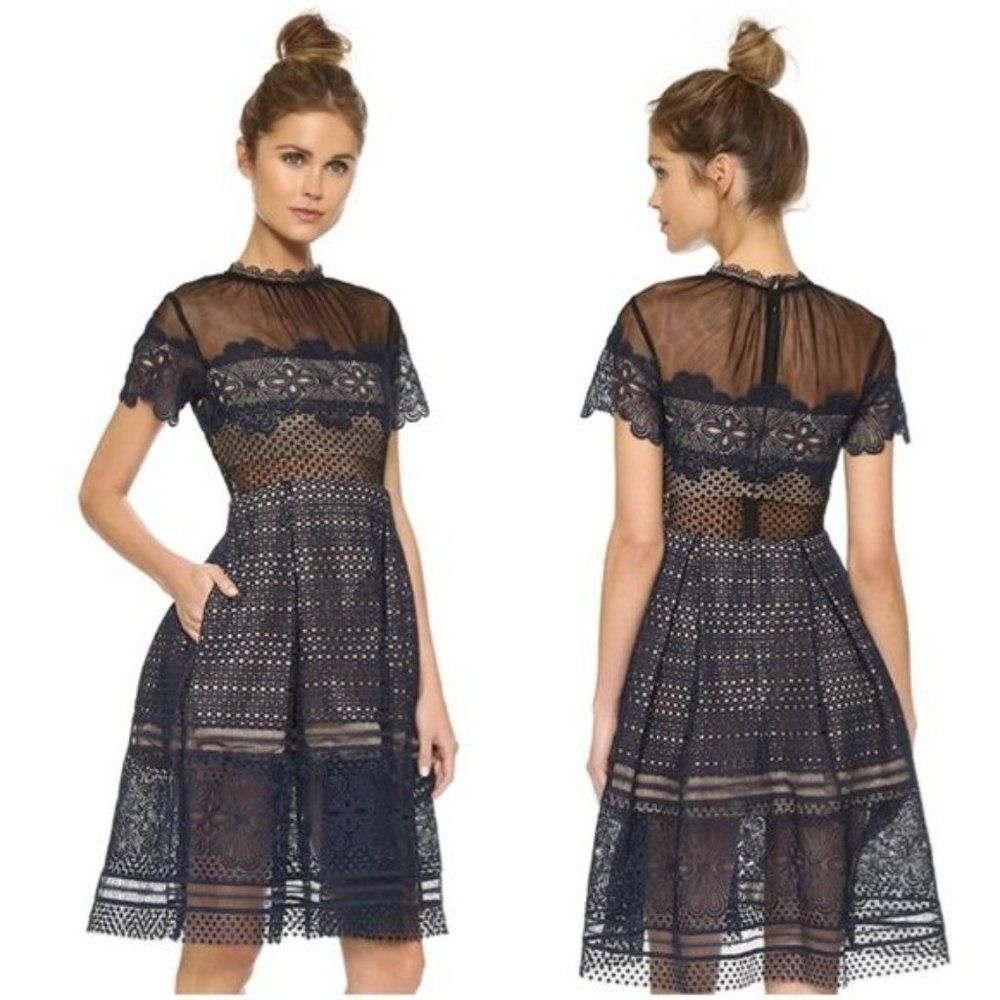 Self-Portrait Felicia Embroidered Midi Dress Navy Cocktail Party Blue Lace